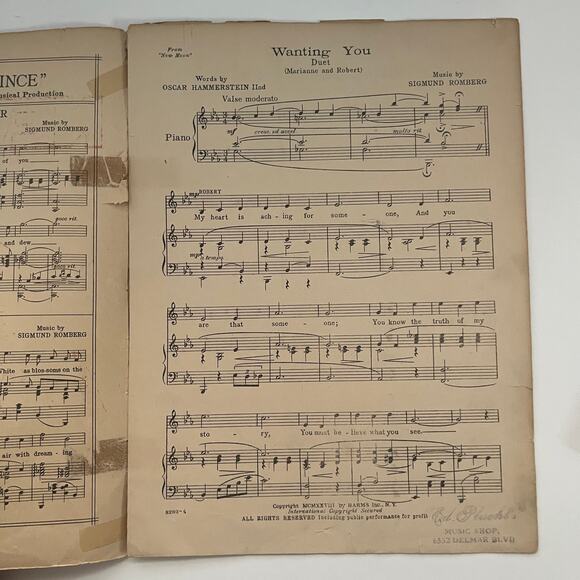 Wanting You Oscar Hammerstein Signmund Romberg 1928 Antique Sheet Music SV25-2 - Picture 2 of 2